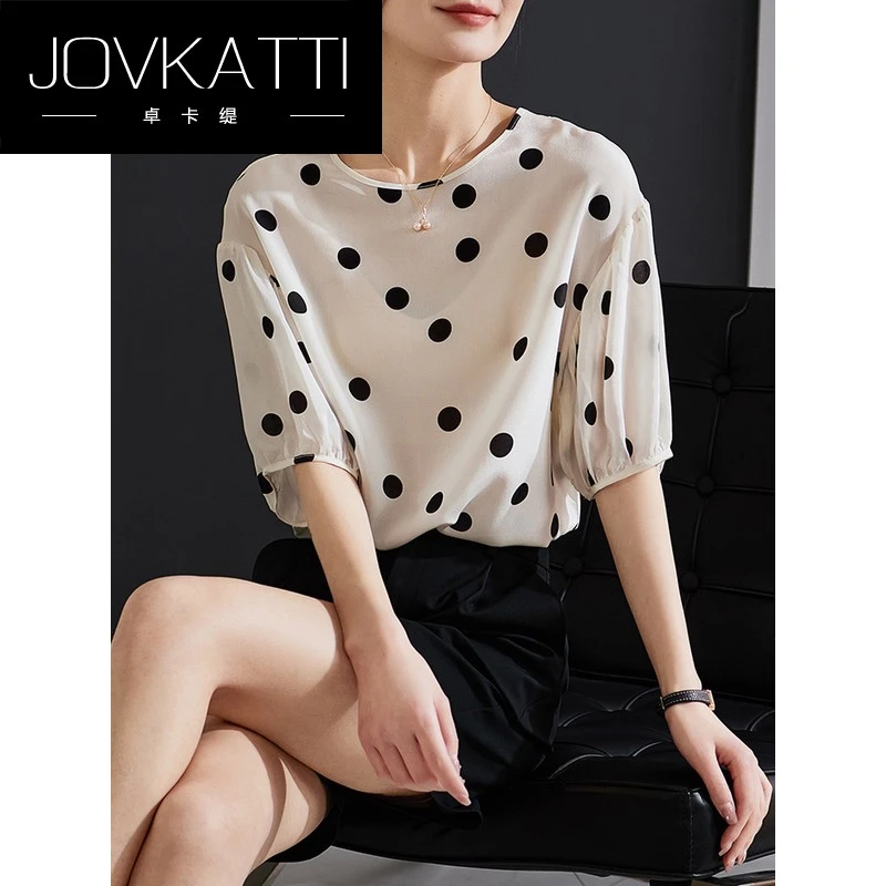 百搭小众2025夏季新款气质法式洋气圆领圆点印花短袖衬衫女式上衣