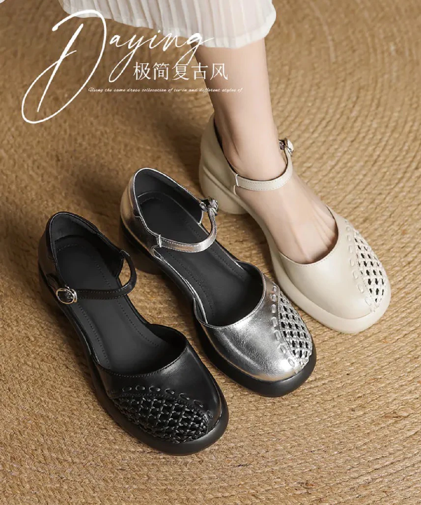 6cm/粗跟复古镂空洞洞鞋真皮手工舒适百搭真皮凉鞋女