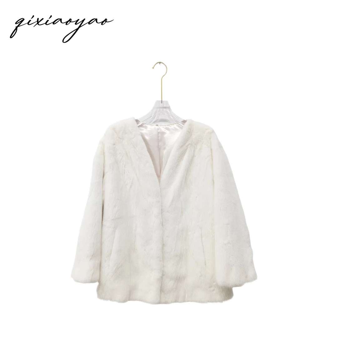 2024秋冬新款圆领纯色短款水貂外套#WWDH33692