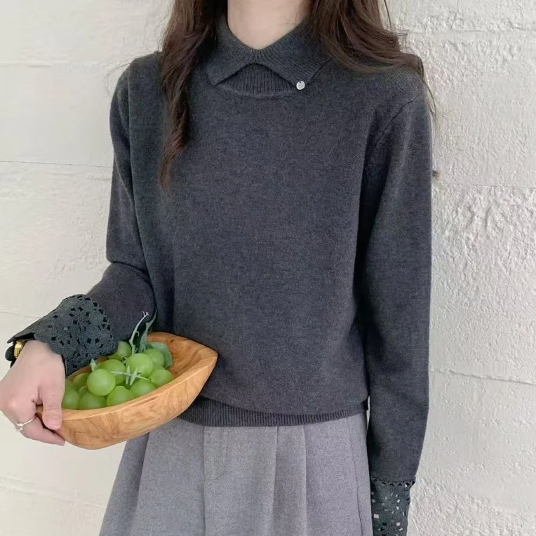 银弟～～冬款翻领花边拼接洋气显瘦打底