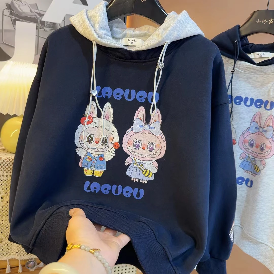 新款2025秋季新款印花中大童拉布卡通连帽拼色休闲韩系卫衣S9512