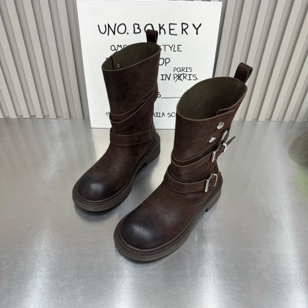 皮面短靴女中长筒靴春秋复古西部牛仔靴子女马丁靴套筒骑士靴圆头