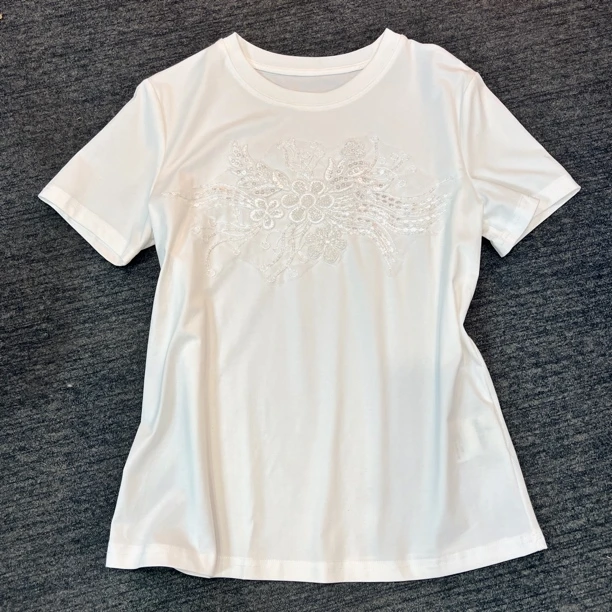 【FEIYA】2025夏季新款拼接重工刺绣花朵打底衫减龄圆领T恤