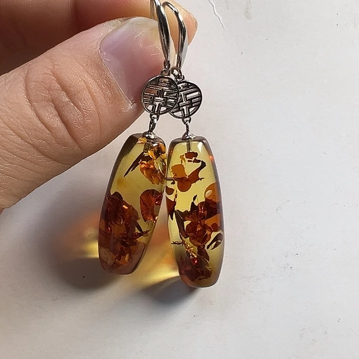 琥珀（花珀）耳饰银S925镶嵌