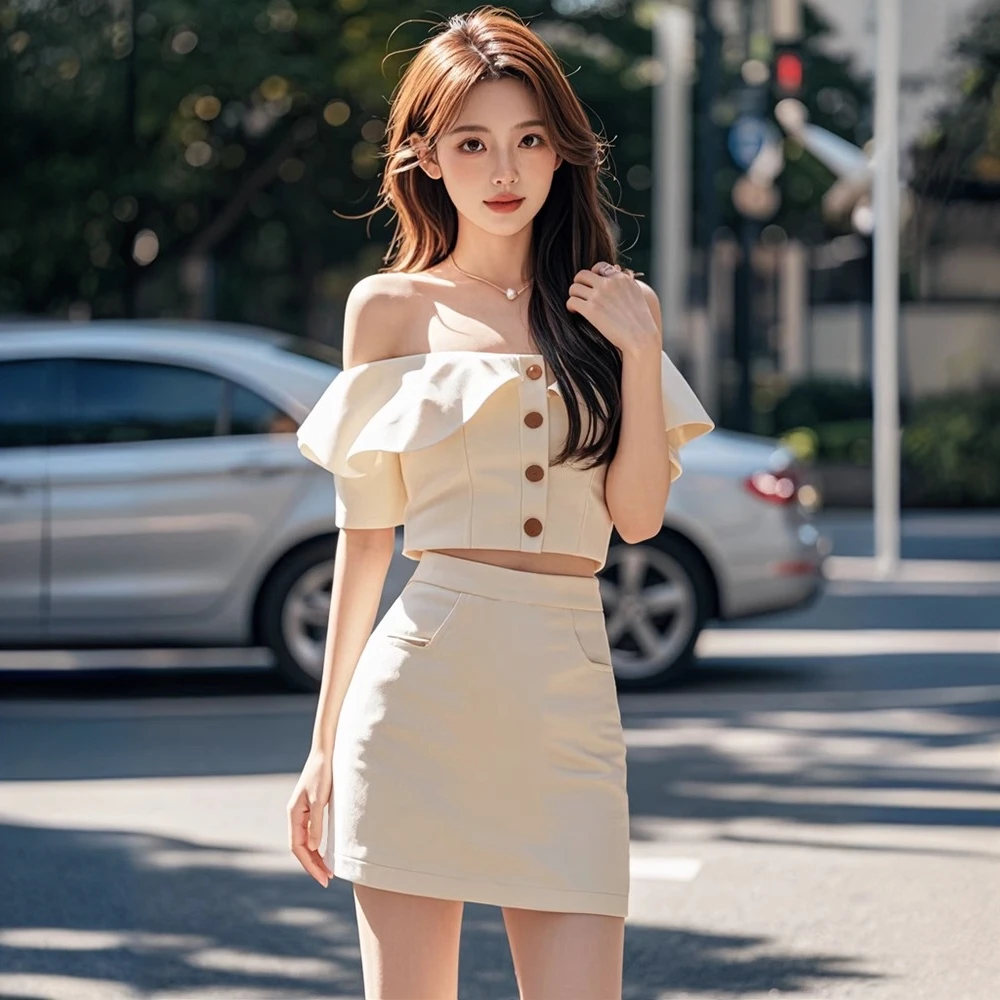 2025新款夏季短款单排扣上衣显瘦包臀裙套装小个子杏色裙子两件套