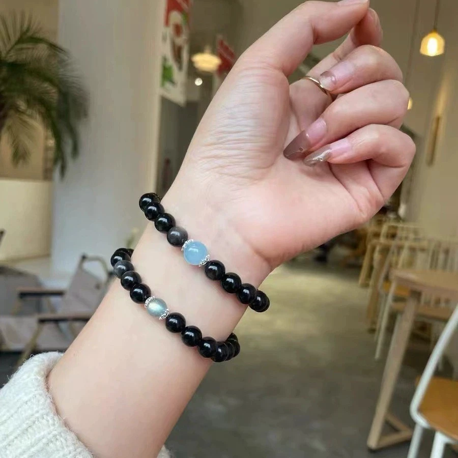 天然银曜石单圈手串小众设计感海蓝宝灰月光珠黑色系男女高级手链