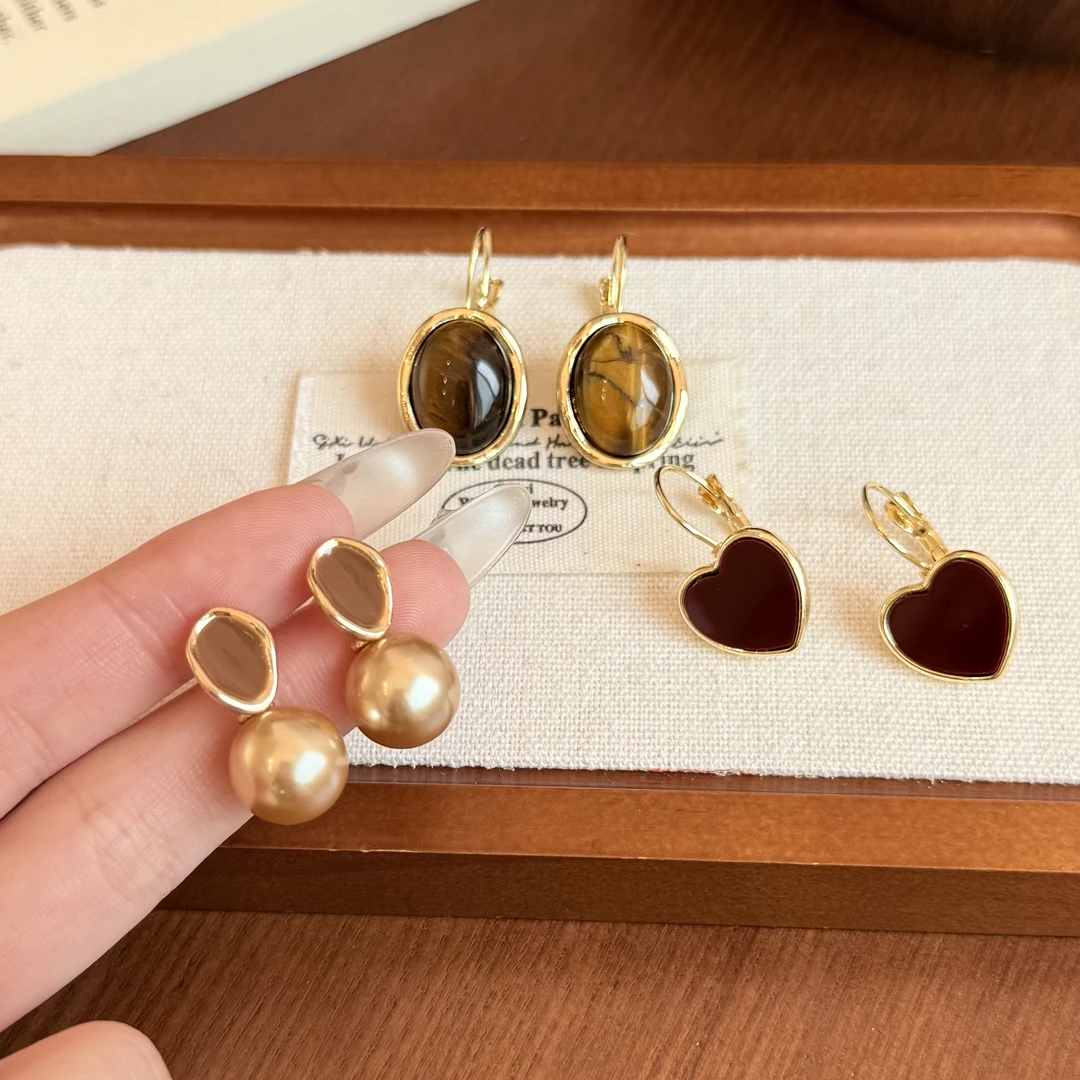铜合金仿珍珠耳饰 天然石复古耳坠珍珠耳环高级感百搭小众耳饰