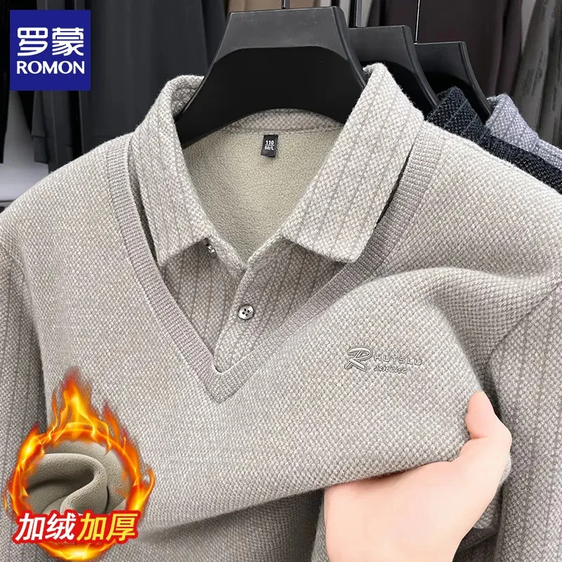 罗蒙假两件针织衫男士冬季加绒加厚衬衫领毛衣男休闲高端打底上衣