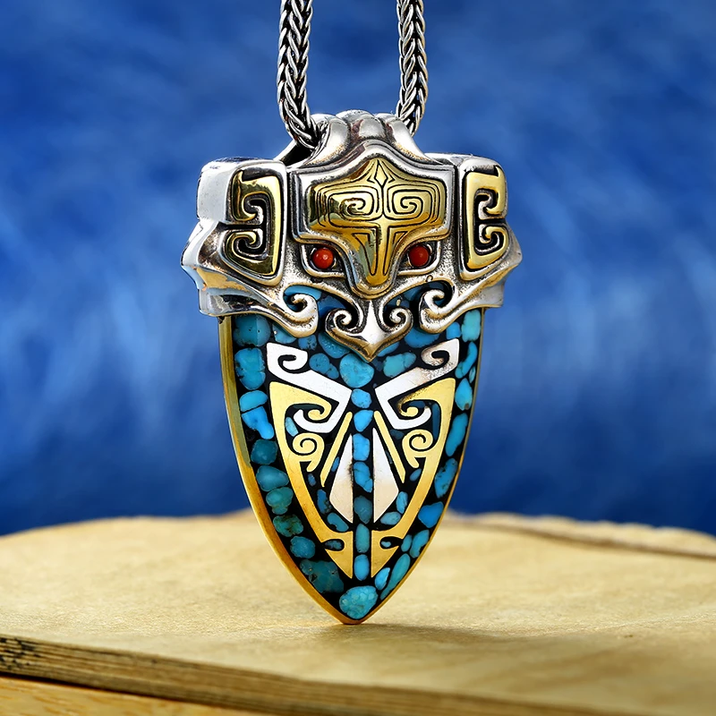 船承 吊坠925银 高档吊坠复古刑天饕餮纹盾牌纯银挂坠男士国潮女