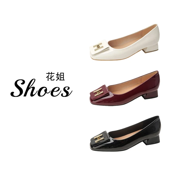 漆皮粗跟优雅法式浅口单鞋女时尚穿搭工作鞋