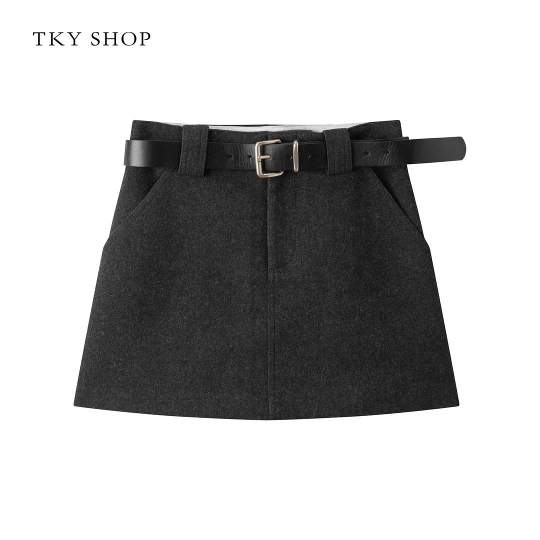 TKYSHOP【配腰带】复古老钱风A字高级灰时尚短款半身裙10H1SA00D395