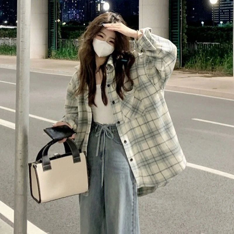 复古格子衬衫外套女夏季正肩小个子宽松休闲防晒港风复古chic上衣