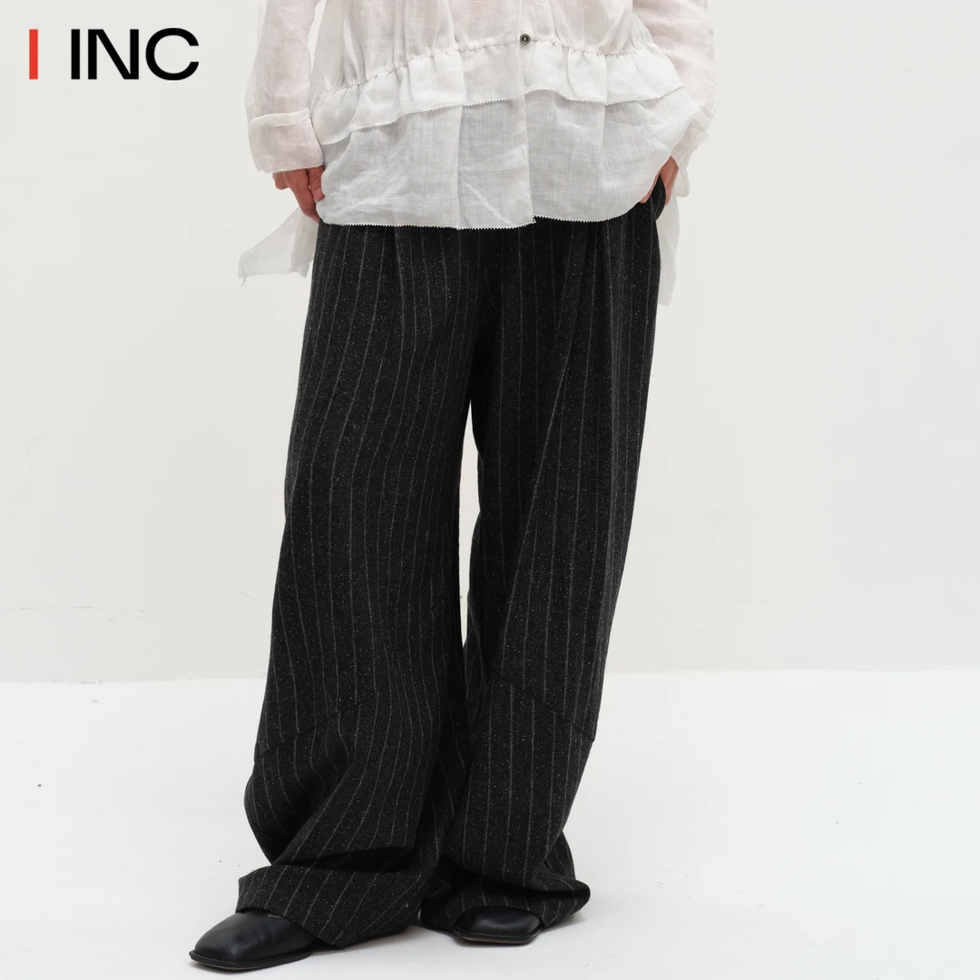 SQUARE CIRCLE方圆 条纹西裤女25AW秋冬新款拼接腰头休闲长裤IINC
