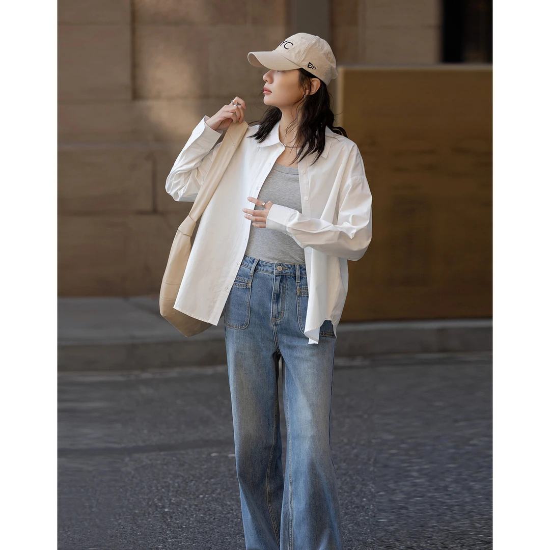 【黎老板专属】德·玛纳春季呼吸感内敛撞色字母刺绣宽松藏肉衬衣女