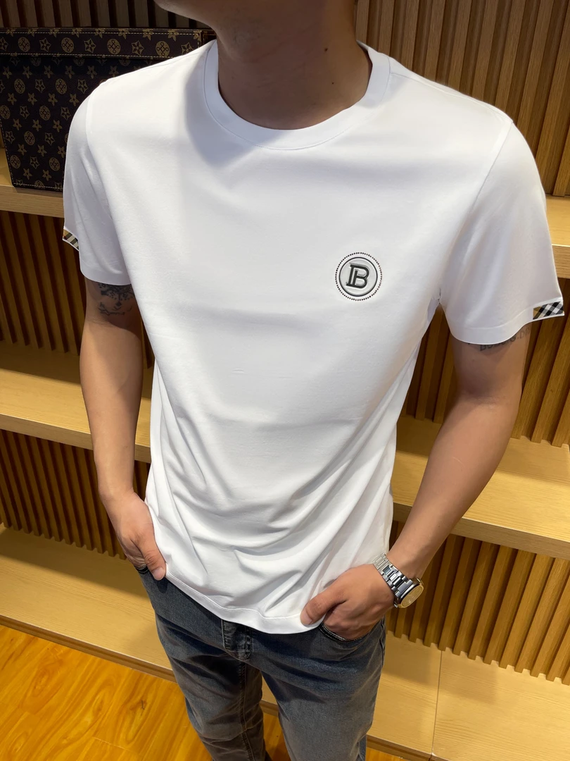 高端欧货轻奢夏季薄款双丝光棉白色圆领t恤男短袖修身字母B半袖男