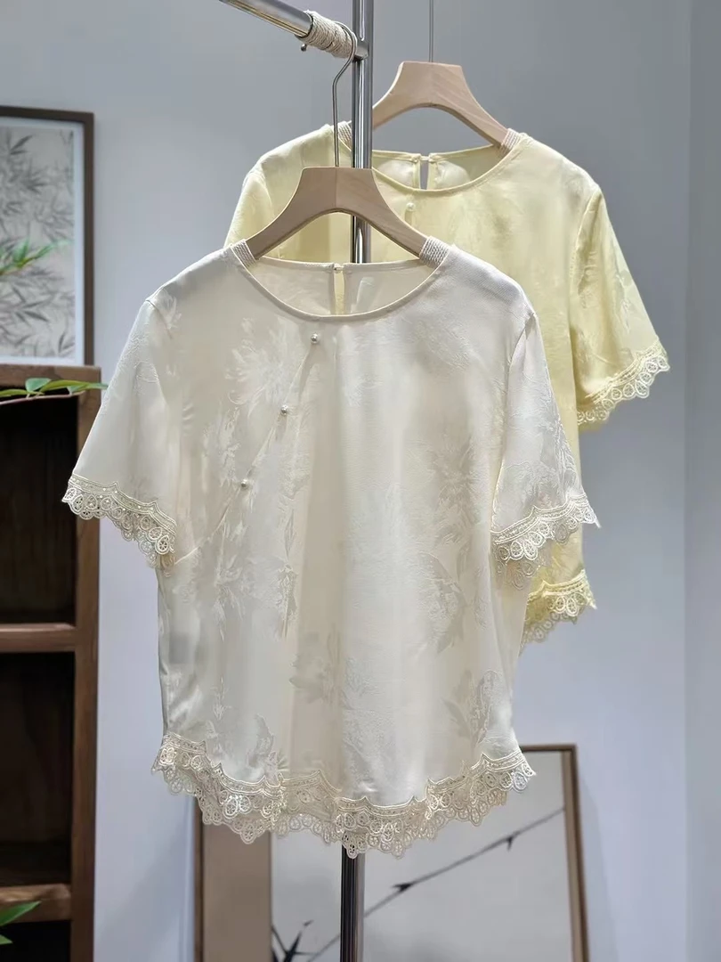 新中式国风提花短袖上衣女洋气蕾丝拼接宽松显瘦小衫夏季短袖T恤