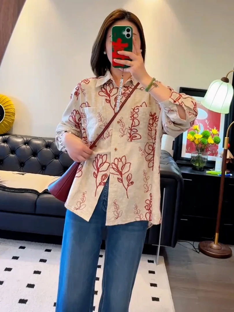 早秋清爽通勤穿搭上衣阔太太洋气高贵气质老钱风白色亚麻印花衬衫