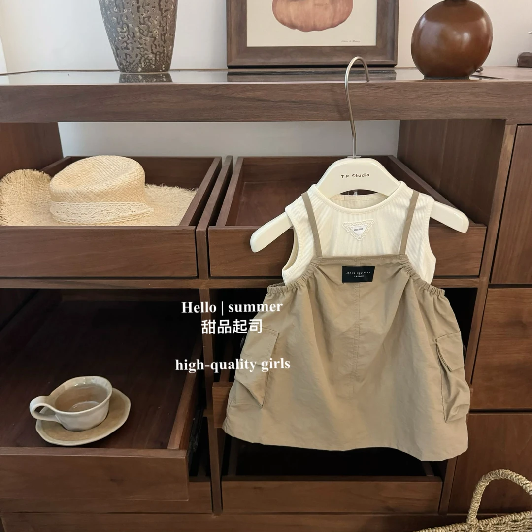 【甜品起司】韩国童装女宝宝时髦甜酷背心洋气速干工装背带裙套装潮