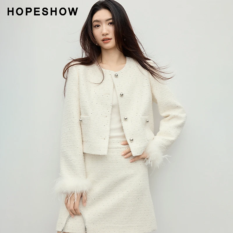 红袖2026春款女装 香风粗花呢毛边拼接圆领正肩短外套90126470405