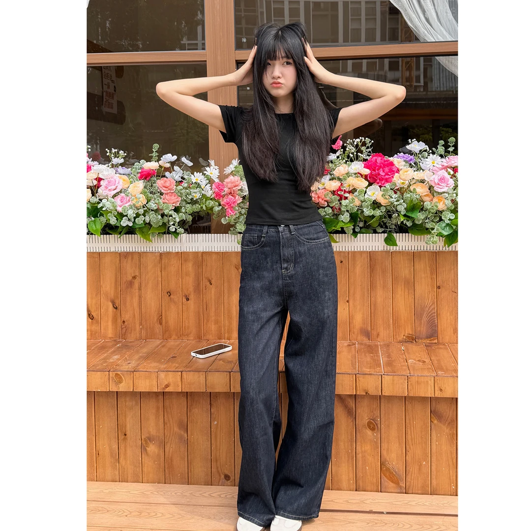 美式原牛ins风阔腿牛仔裤女百搭极简风老钱风蓝灰色加绒加厚牛仔