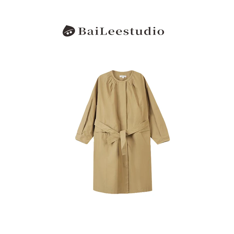 【柏栗良品】早春款~法式风高织高密极简圆领长款风衣外套361381