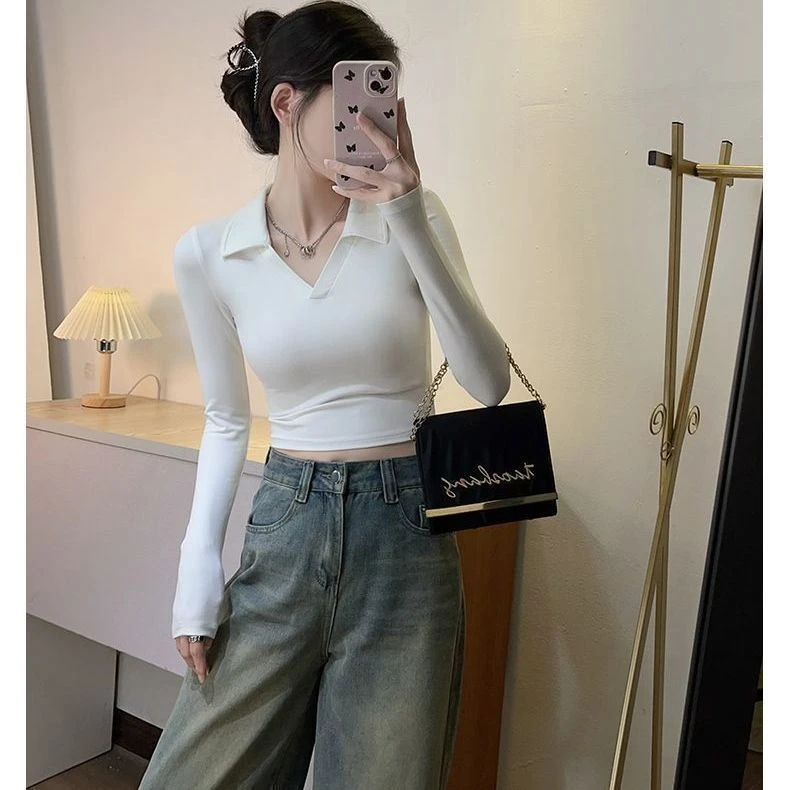 polo领短款露脐修身长袖打底衫女T恤秋冬纯欲风辣妹内搭正肩上衣