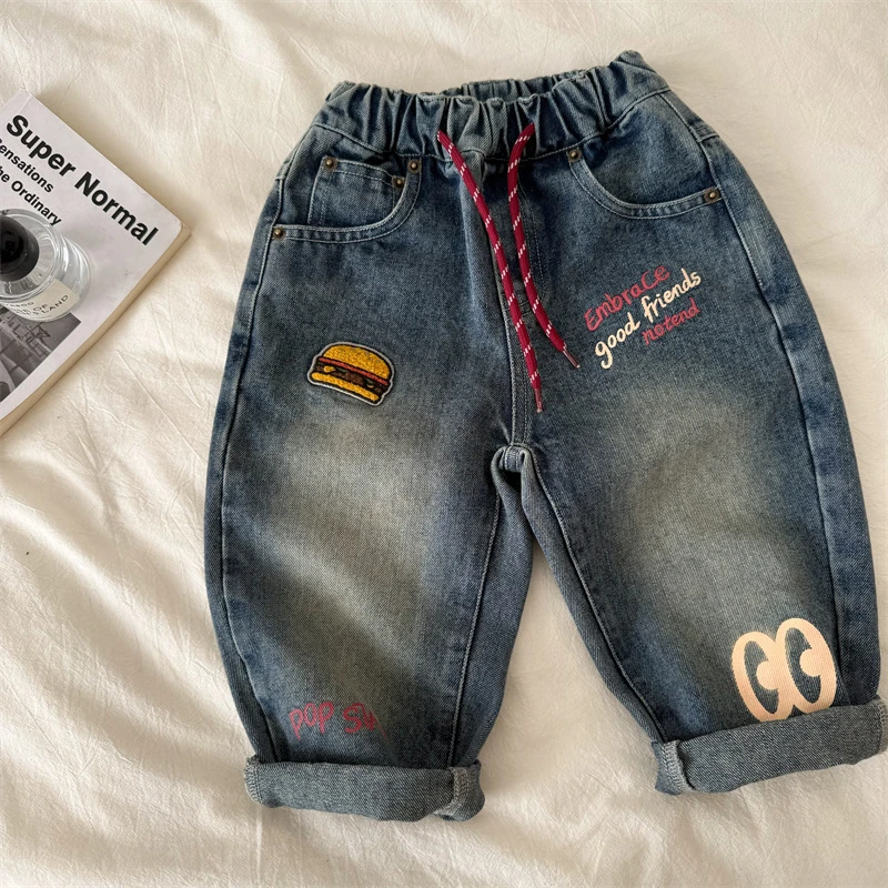 儿童长裤2025春季新品男女童汉堡字母牛仔裤宝宝个性休闲裤