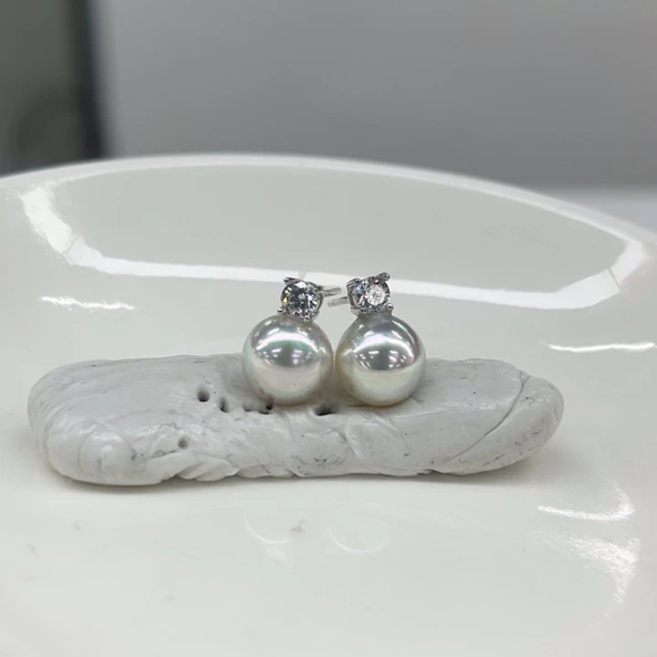 银S925镶嵌耳饰海水珍珠8-9m