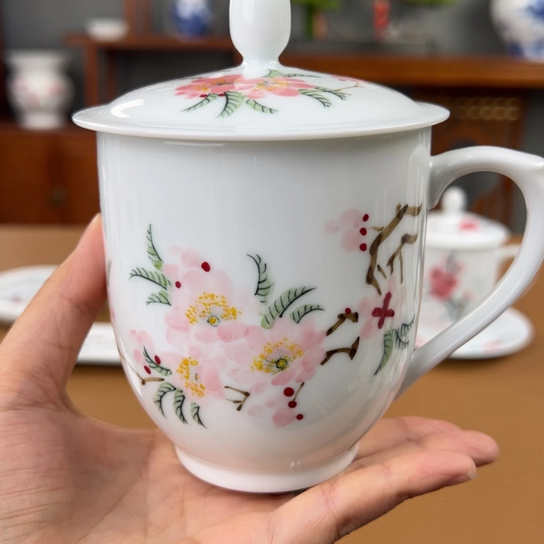 滑石子 釉下彩水点桃花2号杯