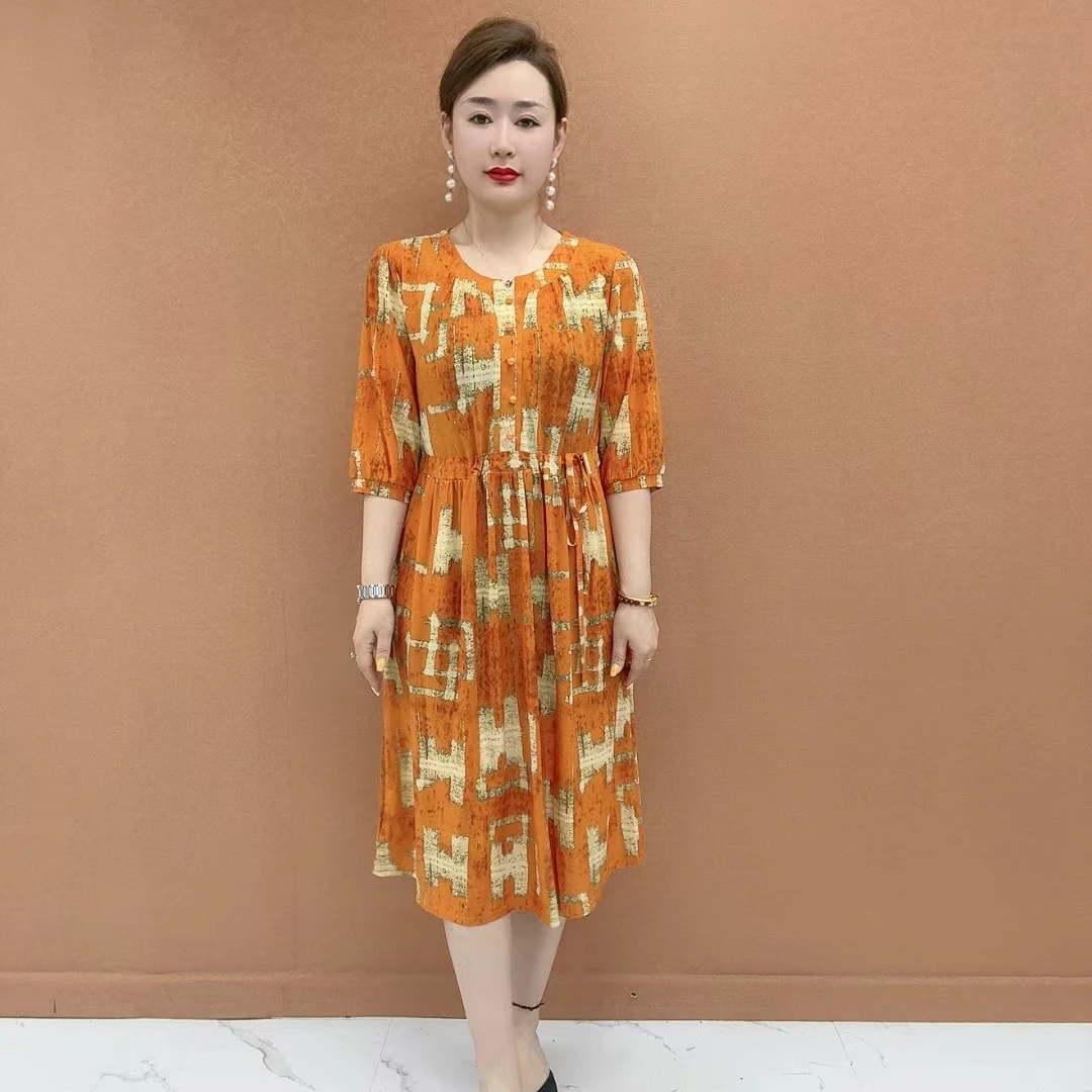 妈妈装春夏装短袖连衣裙新款大码女装宽松遮肚