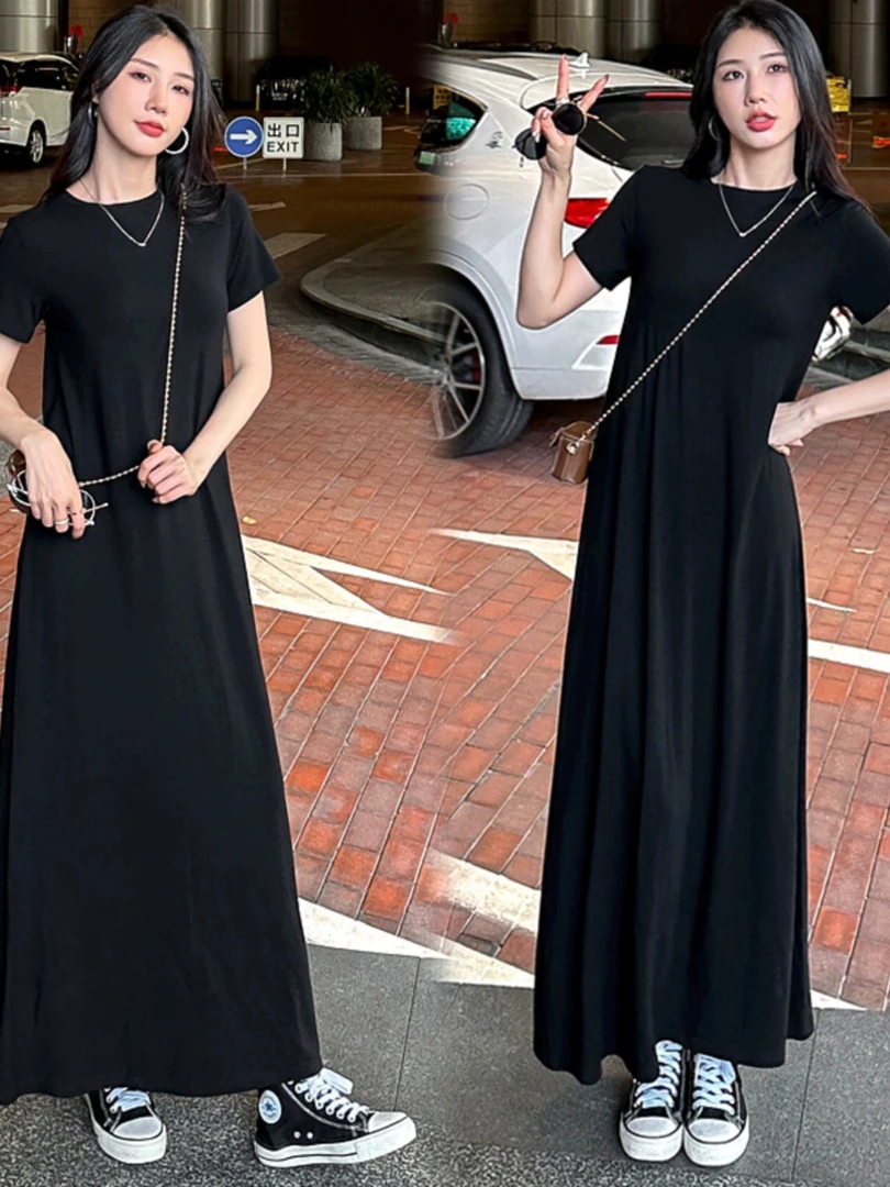 夏季款式垂感大码辣妈连衣裙长裙女黑色慵懒a字裙宽松显瘦长裙