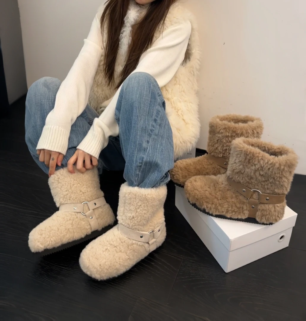 戈森定制毛毛雪地靴女2025新款冬季加绒加厚短靴防滑保暖雪地棉