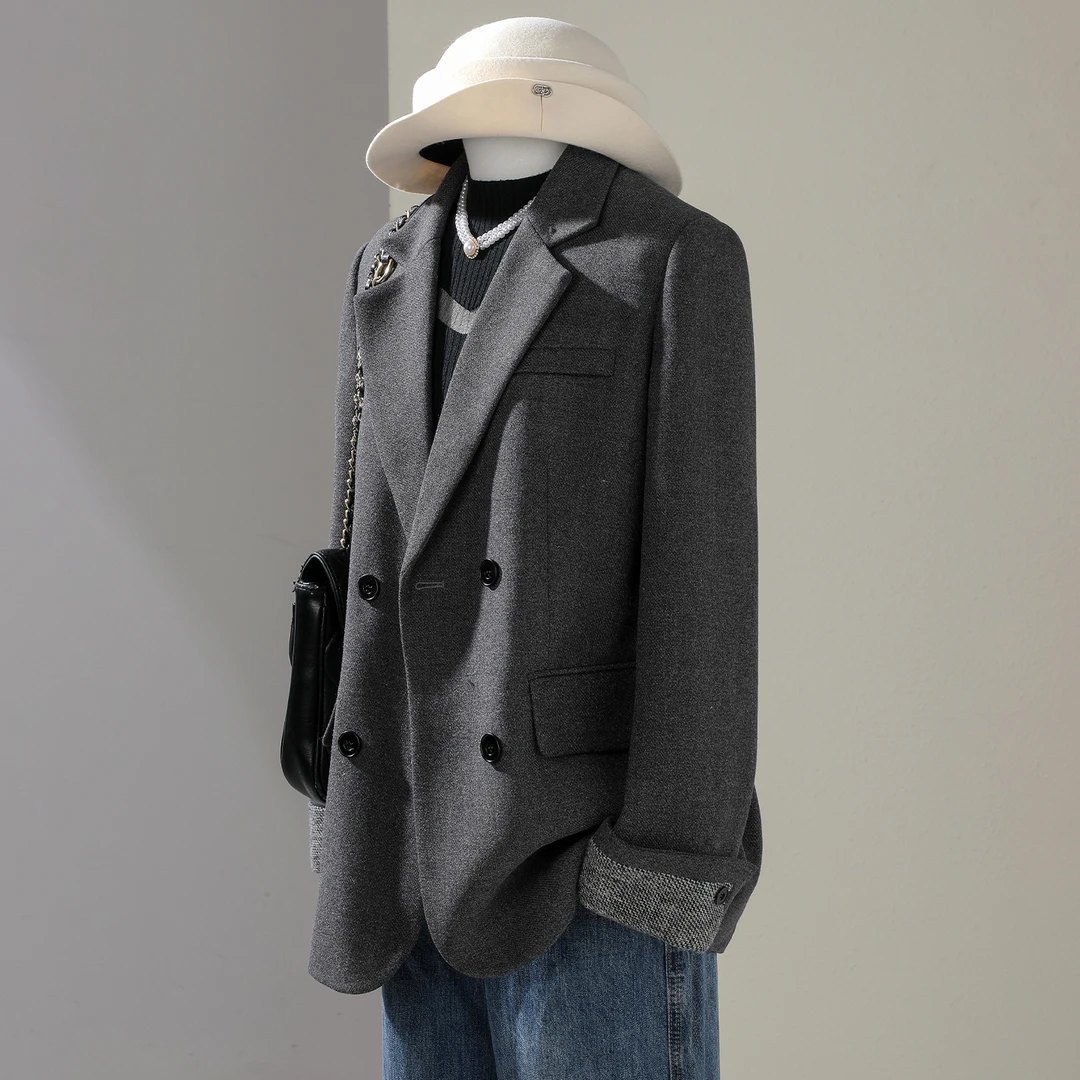 灰色毛呢西装外套女秋冬2025新款轻奢高级感时尚气质休闲女士西服