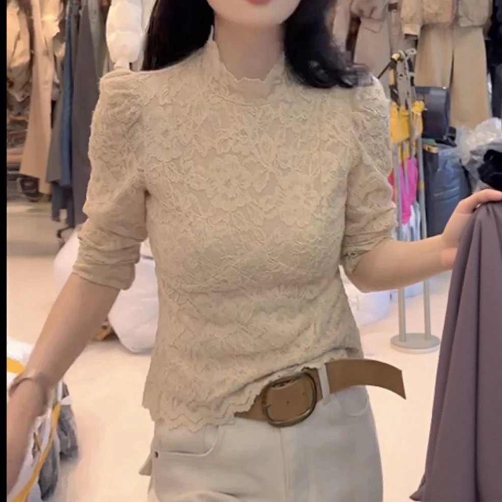花边半高领加绒蕾丝打底衫冬季2025新款法式气质百搭时尚长袖上衣
