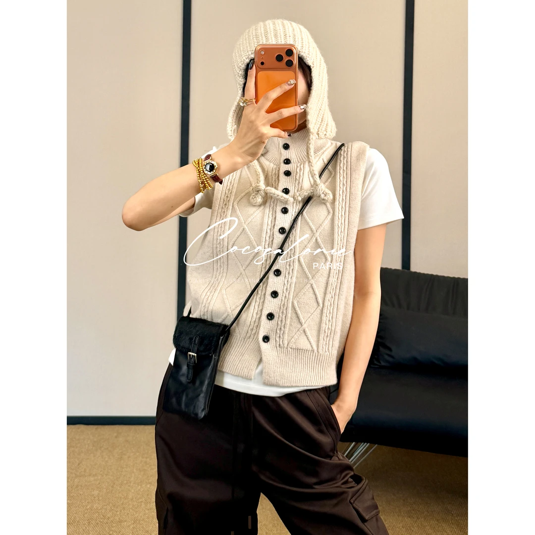 韩彬彬"菱形马甲"绵羊毛+兔毛半高领菱形纹无袖针织马甲女3486-8