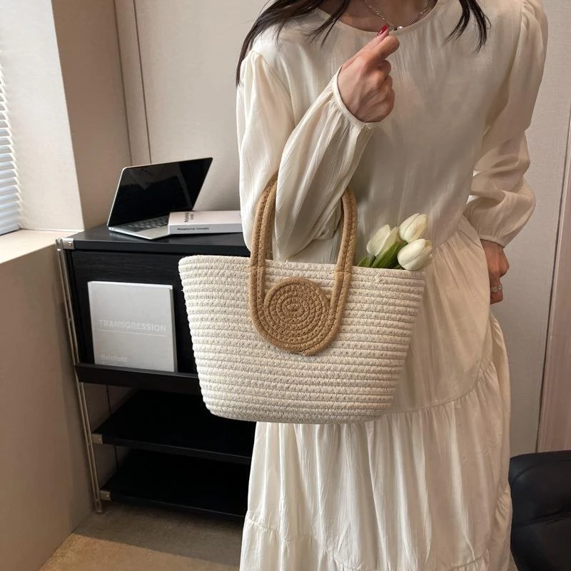 新款编织托特包包高级感简约手提包草编包棉线编织包百搭通勤女包