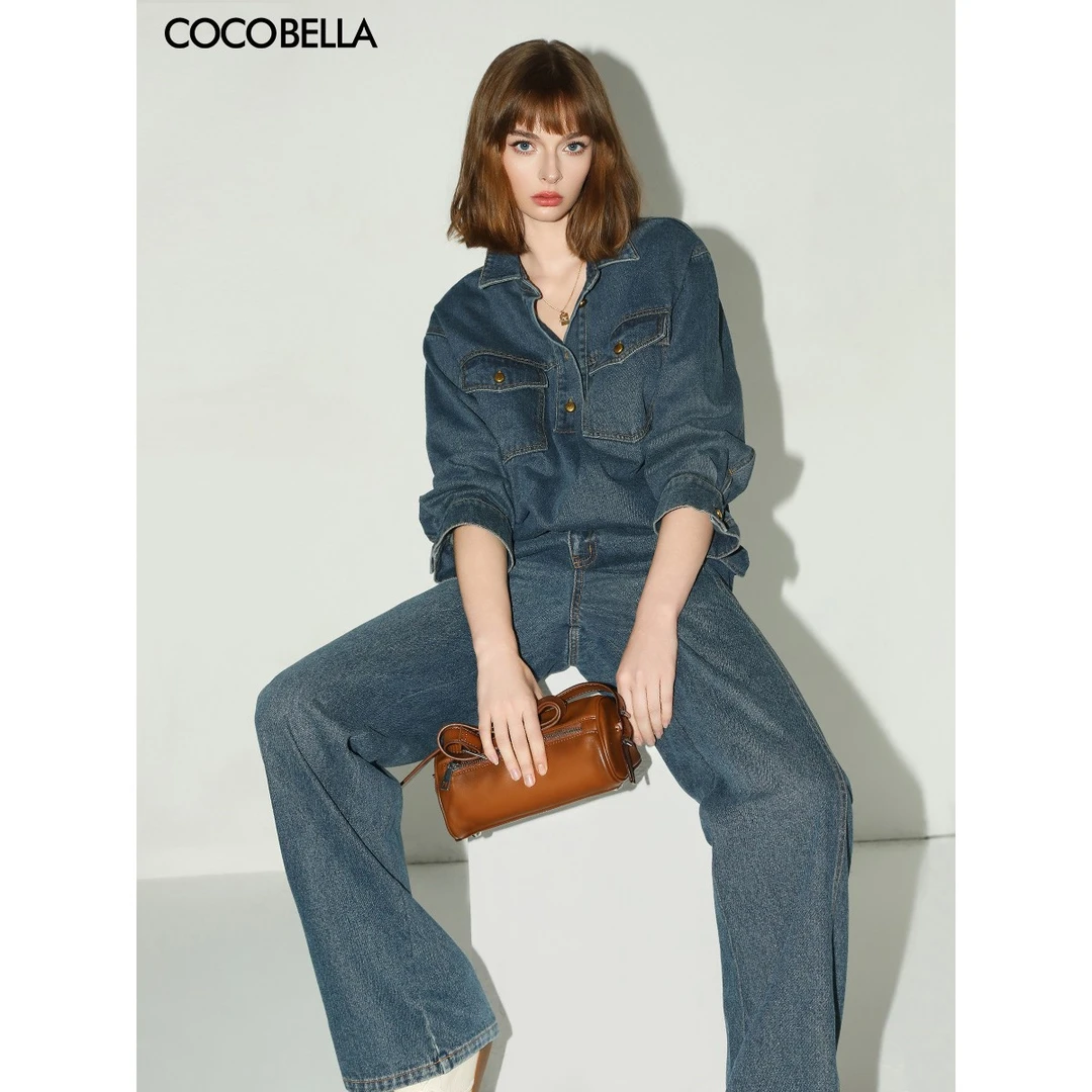 COCOBELLA环保水洗手工毛边原色牛仔衬衫25春金扣内搭衬衣DN3005
