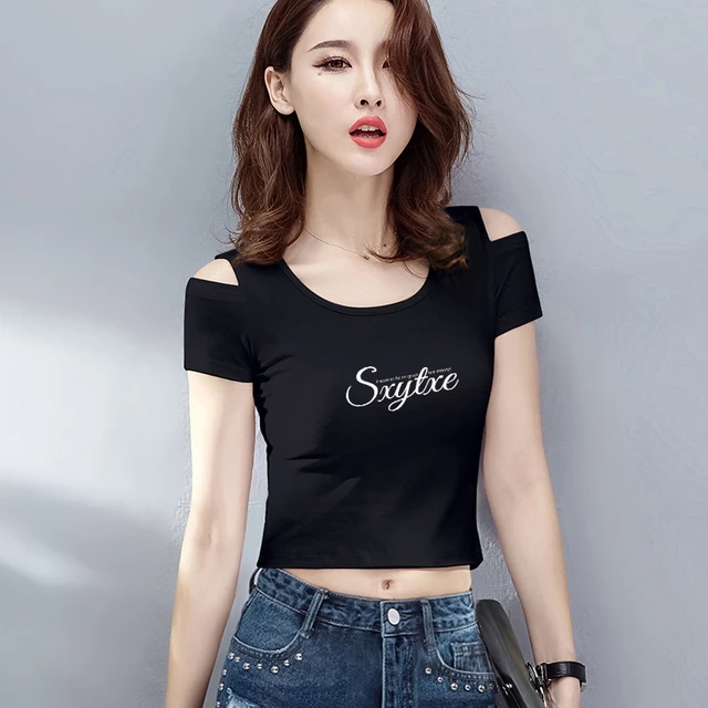短款t恤女露肩短袖修身圆领夏季新款高腰漏肚脐时尚百搭紧身上衣
