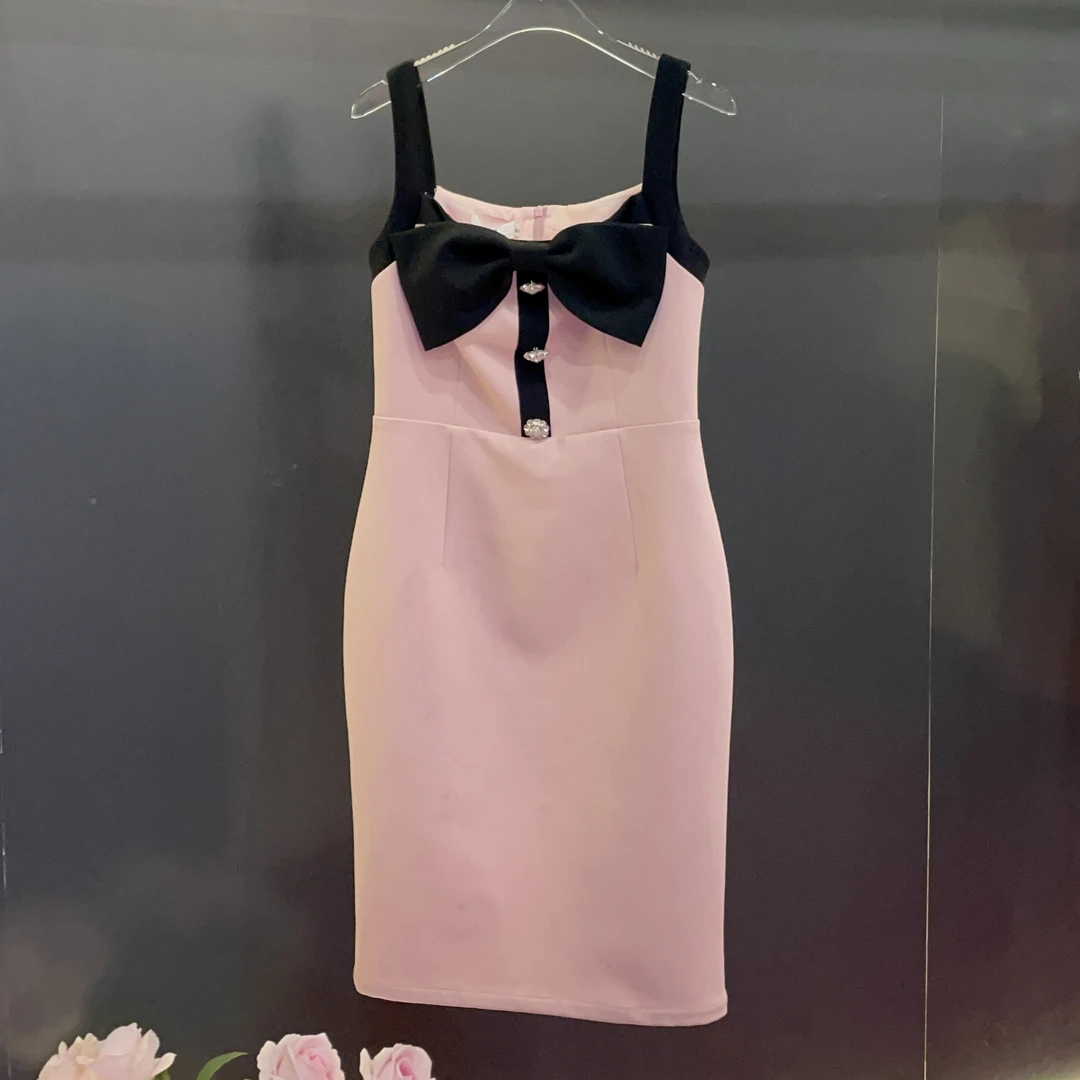 魅鹊 50175 泰版小众设计感蝴蝶结粉色修身显瘦连衣裙