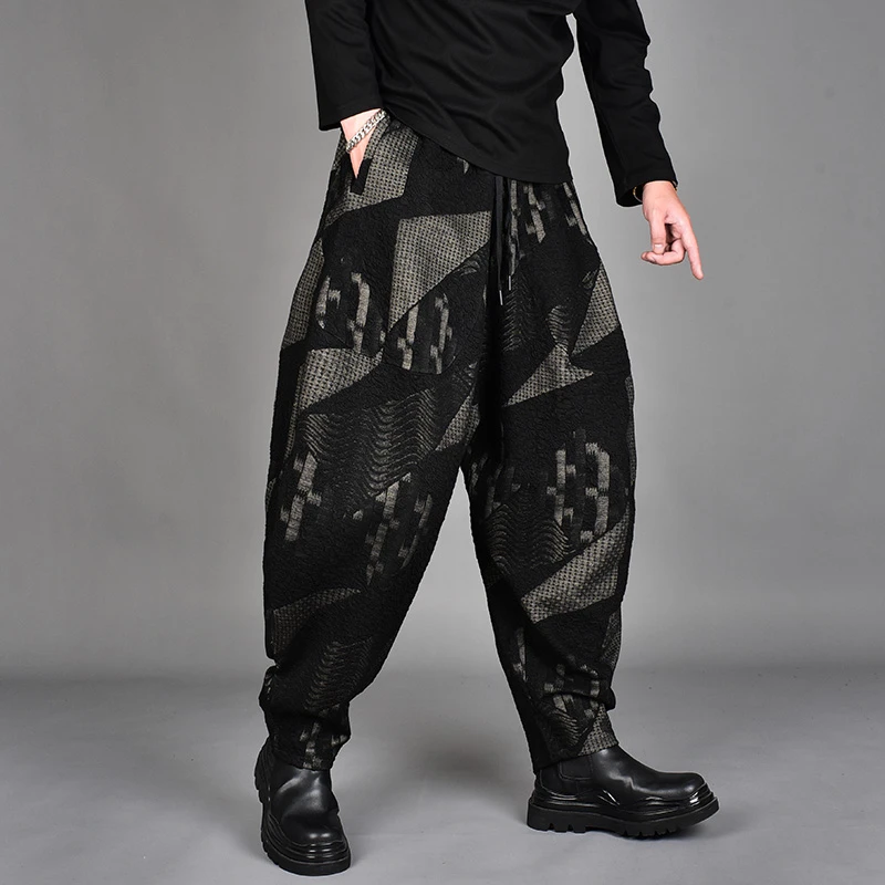 灯笼裤中老年撞色拼接休闲裤男日韩系宽松潮流大码哈伦小脚裤冬季