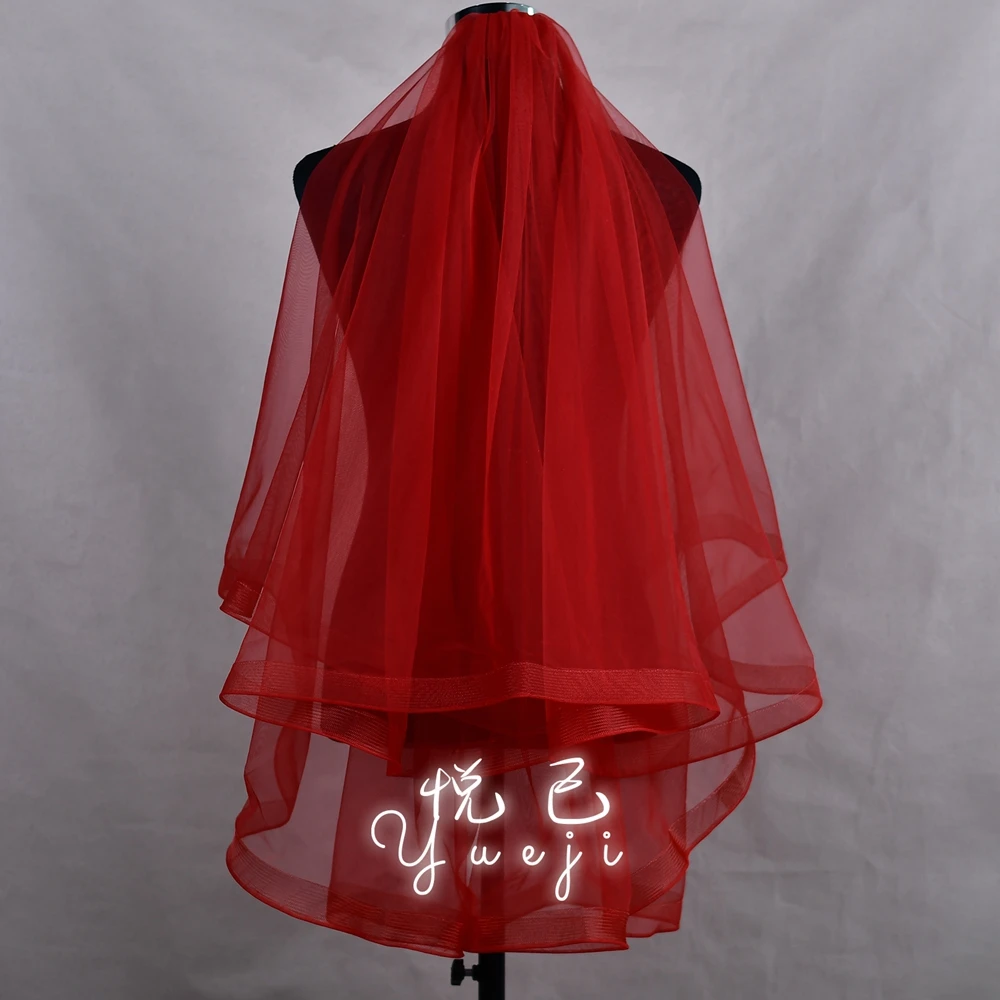 悦己红色新娘头纱弹力网边红盖头简约浪漫领证双层求婚婚礼配饰69