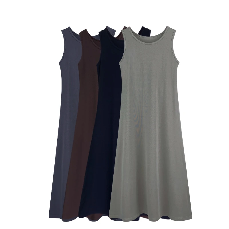 弹力夏款宽松连衣裙时尚女士无袖纯色气质中长款显瘦百搭长裙176