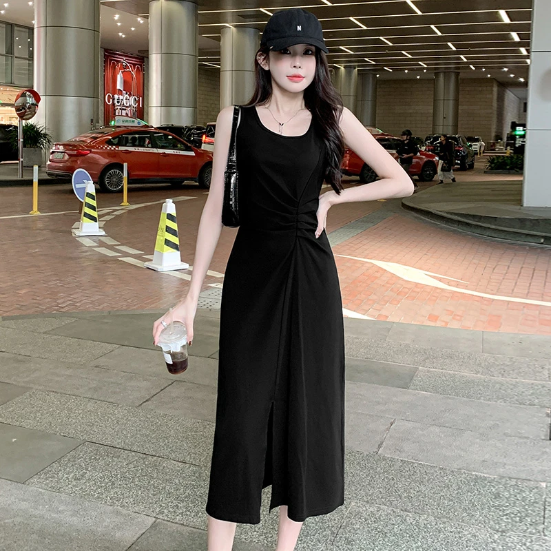黑色背心裙女2025年新款高级感气质显瘦开叉吊带长裙内搭打底裙子