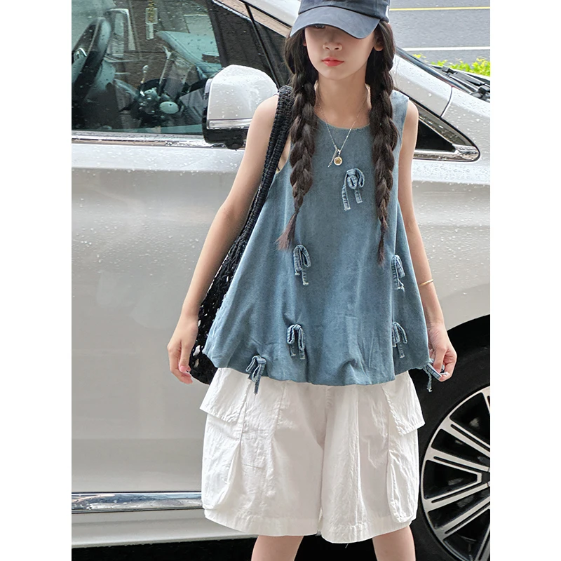 K29308复古花苞女童背心2025夏装新款儿童无袖休闲上衣大童衣服潮