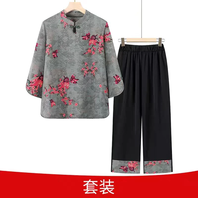 9298-夏季新款新中式复古袖显气质洋气旗袍上衣二件套套装A西楼梯