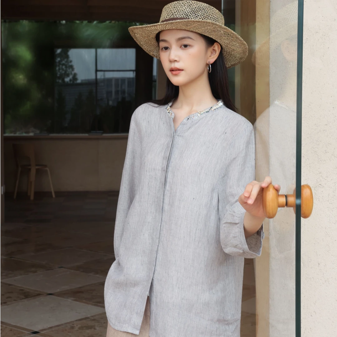 【镇店之宝·钉珠衬衫】全手工重工钉珠色织亚麻条纹女FSY50657