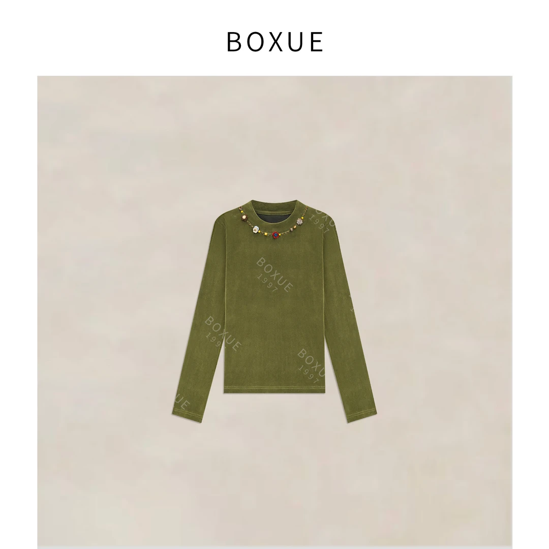 BOXUE “悠梦”2025秋冬季高级感人丝绒面植绒轻奢 T恤#250819T3913