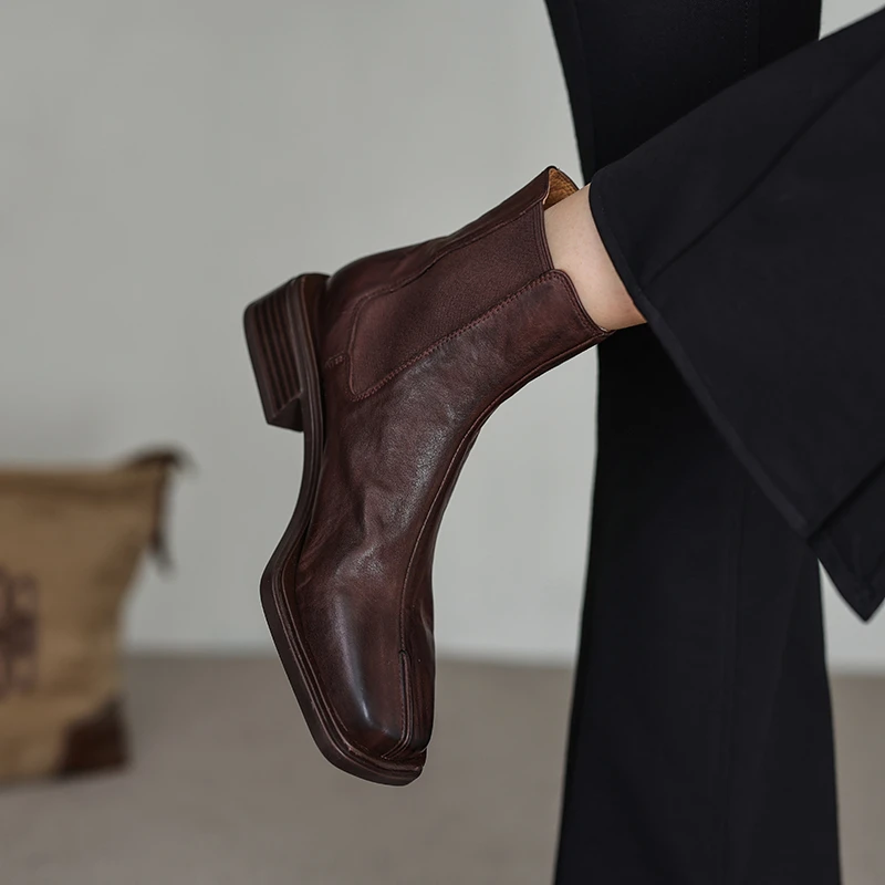 法式轻奢|4.5cm头层牛皮切尔西女靴短靴女秋冬真皮加绒新款英伦风