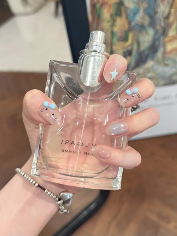 7621蓝星kt可爱显白高级ins纯手工穿戴甲可反复佩戴短椭圆