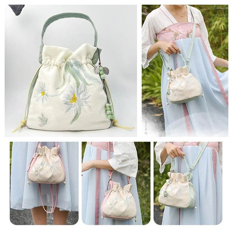 新款手工帆布古风汉服包斜挎包刺绣小包手提束口休闲百搭小包包女